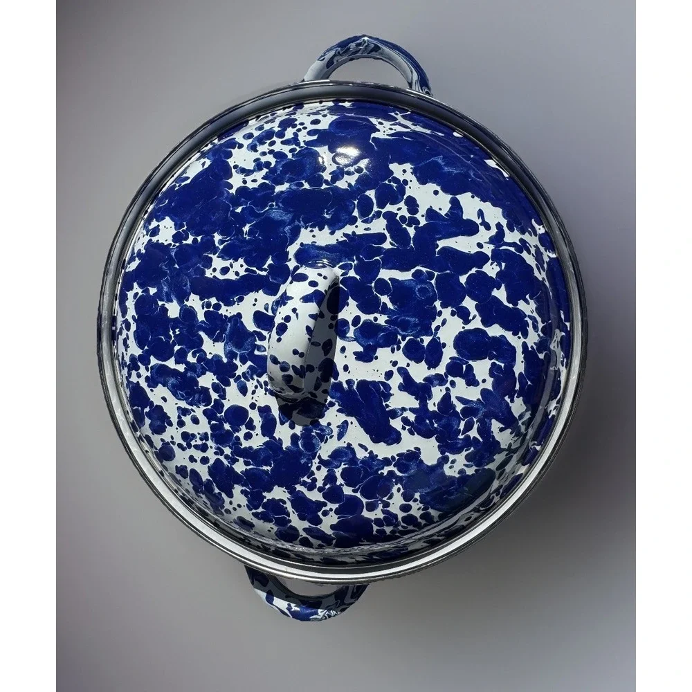 Golden Rabbit Blue White Splatter Enamelware Casserole Pot Dutch Oven 2.5 Quart